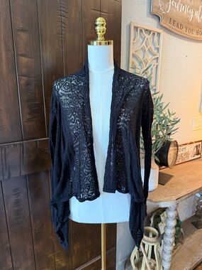 Y2K Vintage Moda International Black Sheer Lace Open-Front Draped Cardigan